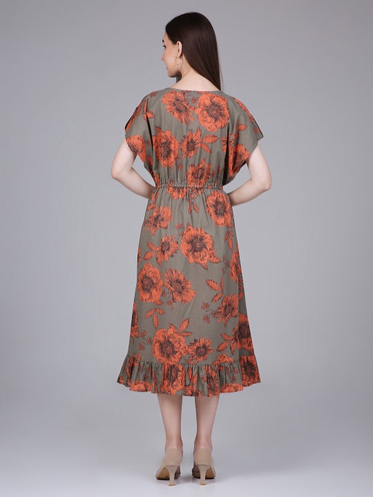 Olive Floral Print Kaftan Dress with Waist-Tie up and Neck Embroidery