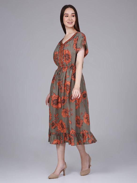 Olive Floral Print Kaftan Dress with Waist-Tie up and Neck Embroidery