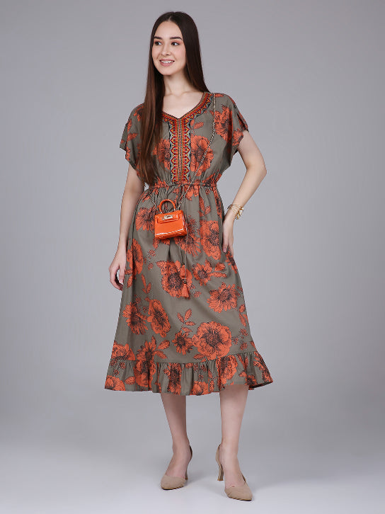 Olive Floral Print Kaftan Dress with Waist-Tie up and Neck Embroidery