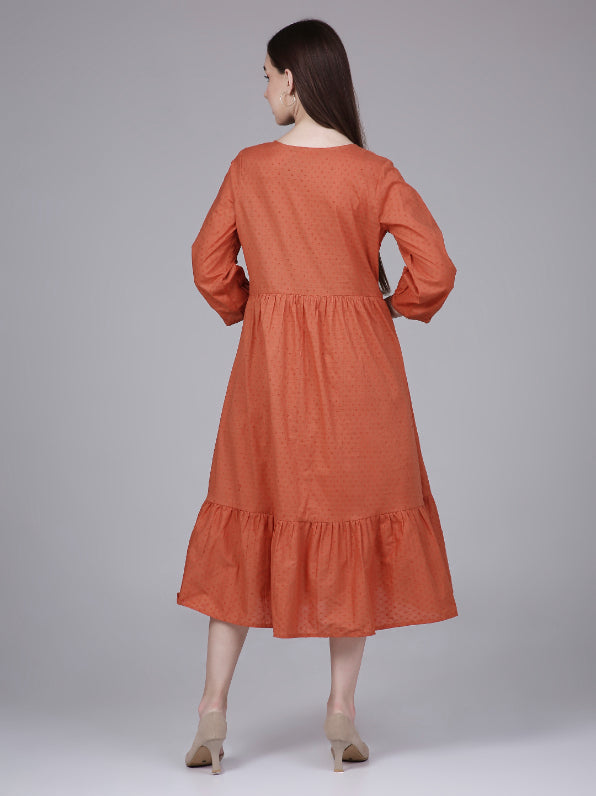 Orange Cotton Tiered Midi Dress
