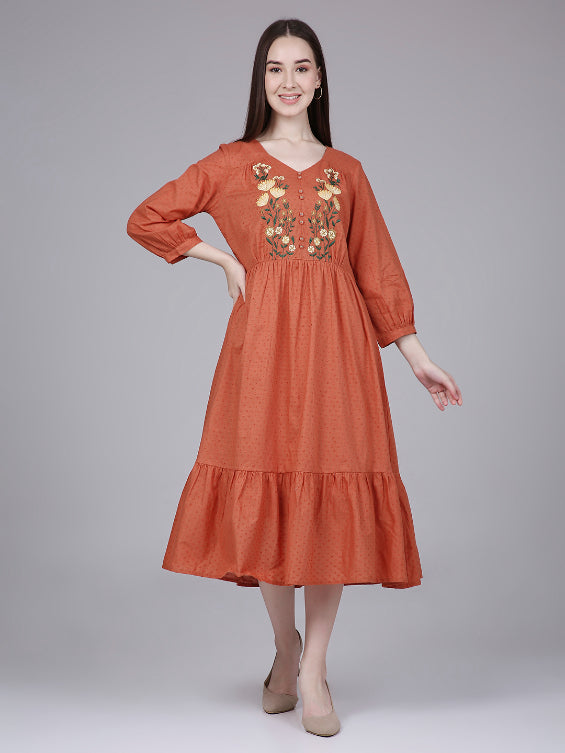 Orange Cotton Tiered Midi Dress