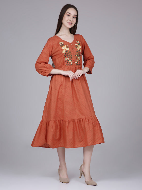 Orange Cotton Tiered Midi Dress