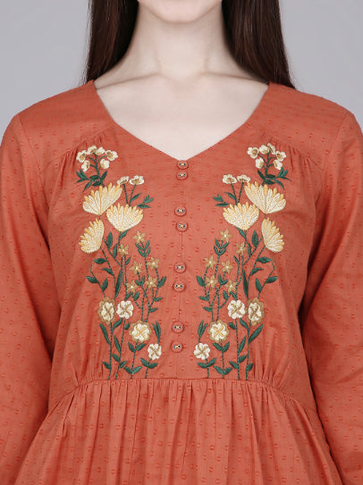 Orange Cotton Tiered Midi Dress