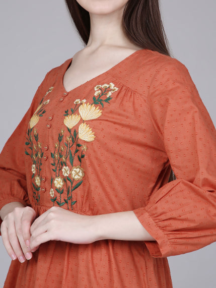 Orange Cotton Tiered Midi Dress