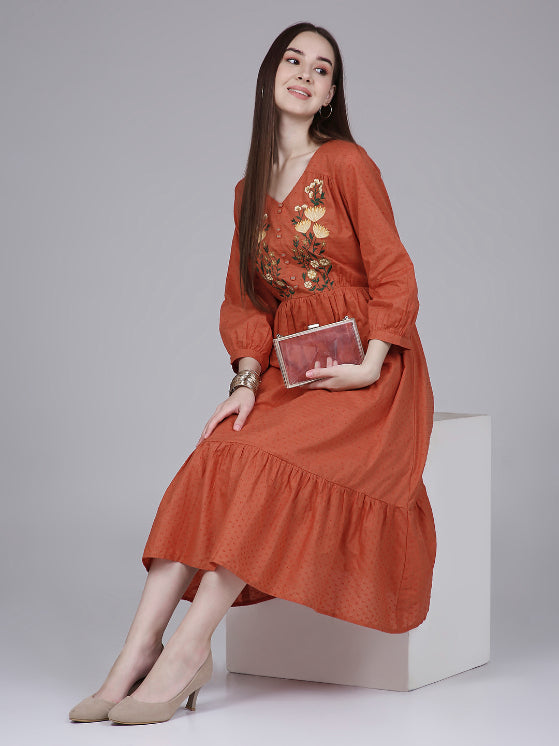 Orange Cotton Tiered Midi Dress