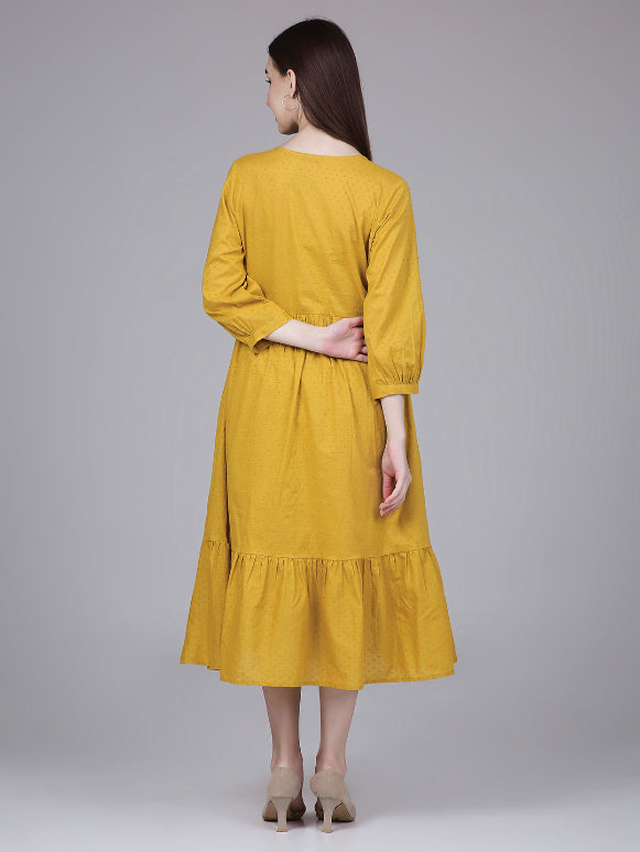 Mustard Cotton Tiered Midi Dress