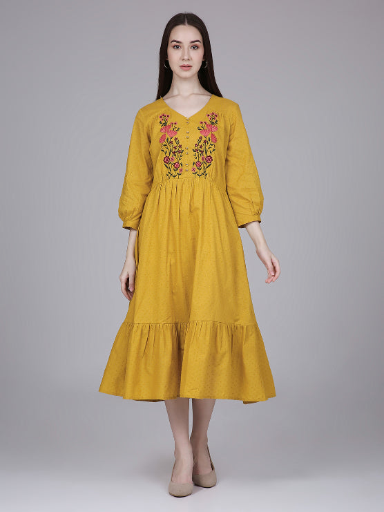 Mustard Cotton Tiered Midi Dress