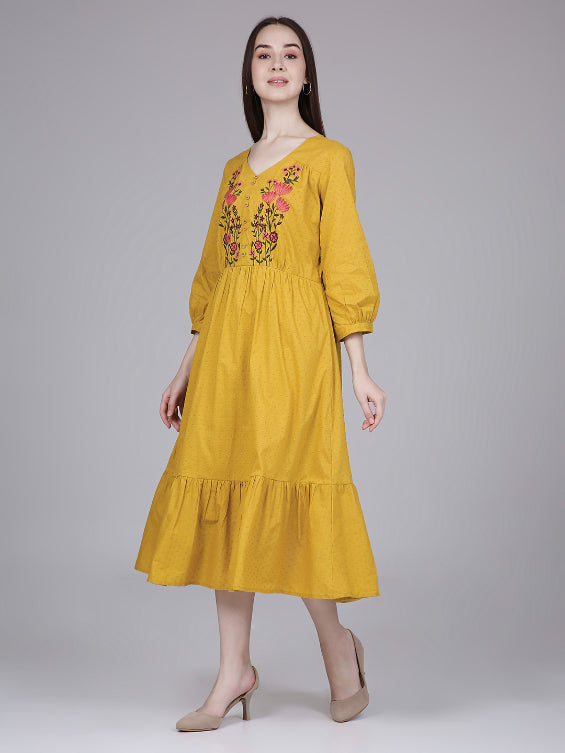 Mustard Cotton Tiered Midi Dress