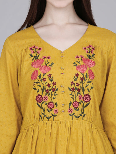 Mustard Cotton Tiered Midi Dress