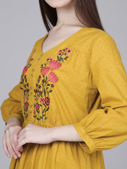 Mustard Cotton Tiered Midi Dress