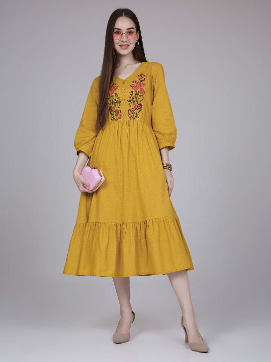 Mustard Cotton Tiered Midi Dress