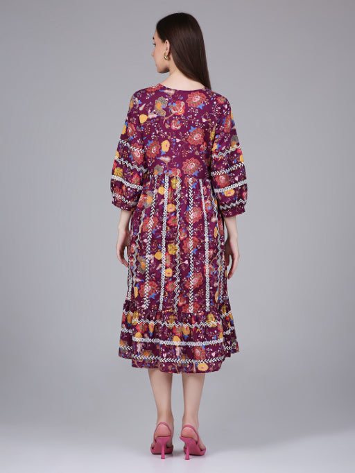 Wine Floral Print Cotton Embroidered Dress