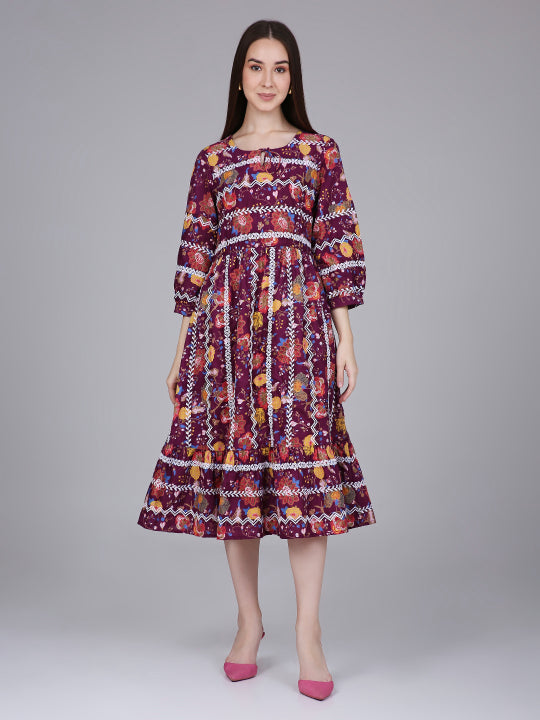 Wine Floral Print Cotton Embroidered Dress
