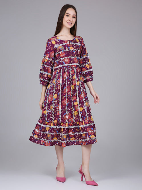Wine Floral Print Cotton Embroidered Dress