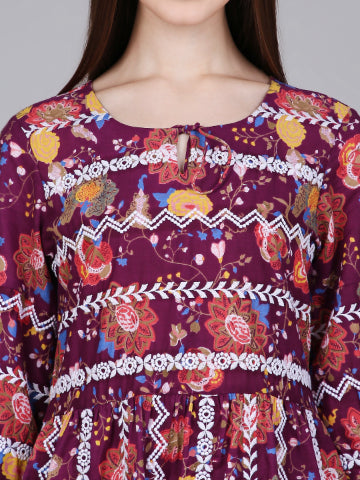Wine Floral Print Cotton Embroidered Dress