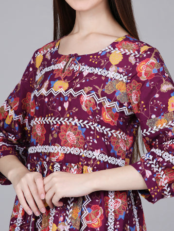 Wine Floral Print Cotton Embroidered Dress
