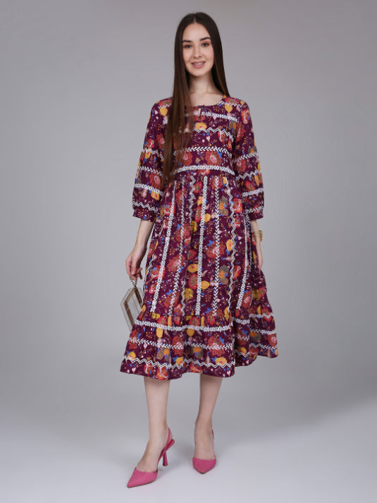 Wine Floral Print Cotton Embroidered Dress