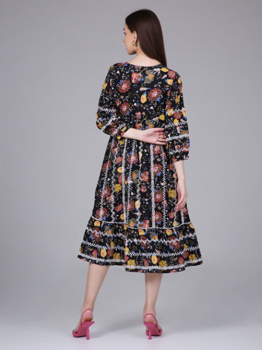 Black Floral Print Cotton Embroidered Dress