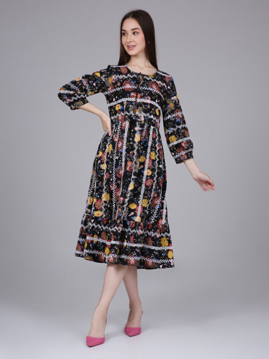 Black Floral Print Cotton Embroidered Dress