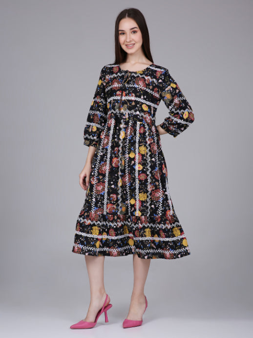 Black Floral Print Cotton Embroidered Dress