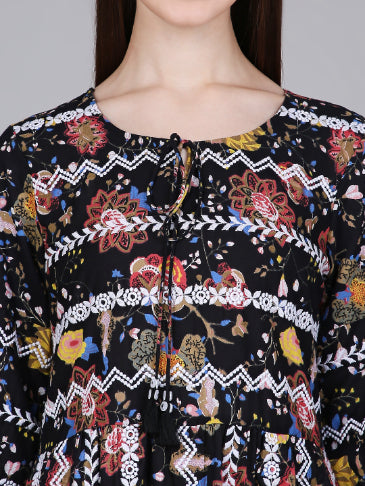 Black Floral Print Cotton Embroidered Dress