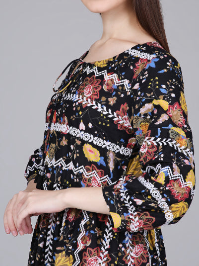 Black Floral Print Cotton Embroidered Dress