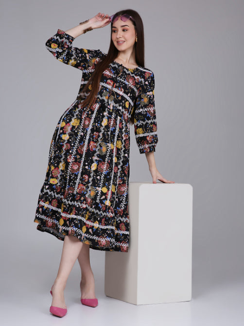Black Floral Print Cotton Embroidered Dress