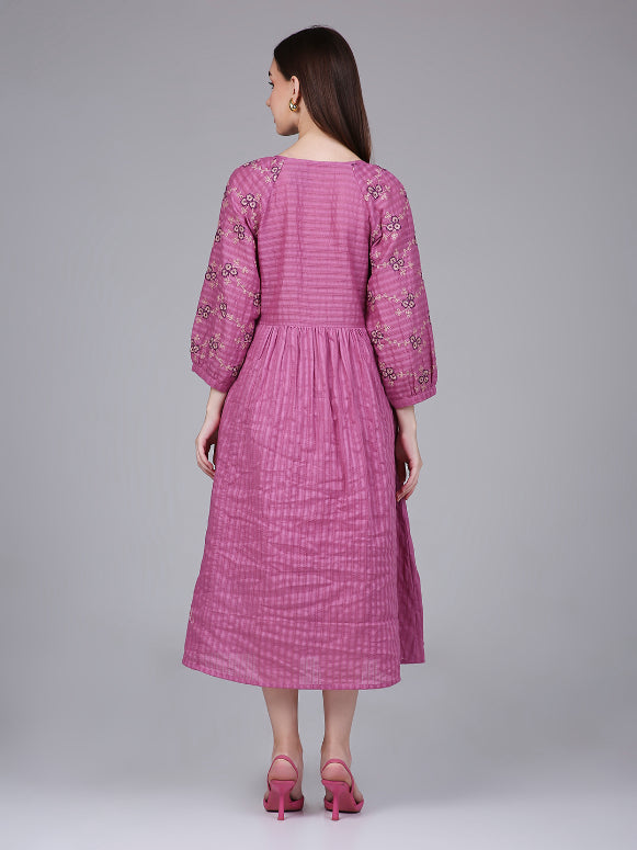Pink Cotton Boho Dress with Floral Embroidery