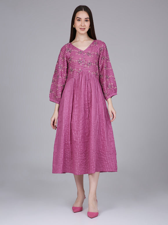 Pink Cotton Boho Dress with Floral Embroidery