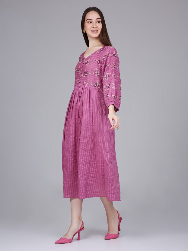 Pink Cotton Boho Dress with Floral Embroidery