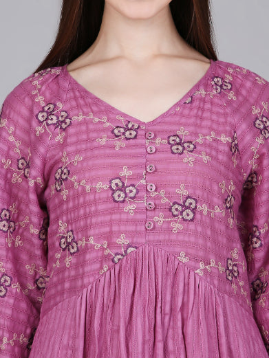Pink Cotton Boho Dress with Floral Embroidery