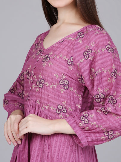 Pink Cotton Boho Dress with Floral Embroidery