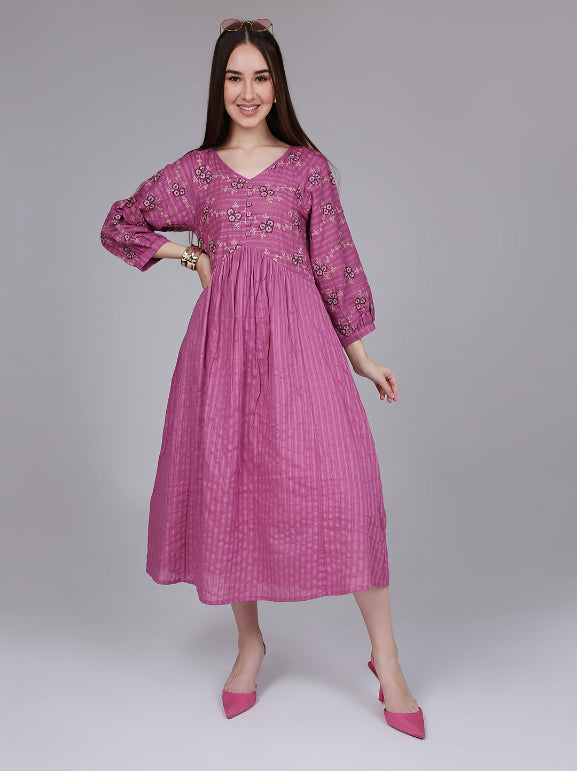 Pink Cotton Boho Dress with Floral Embroidery