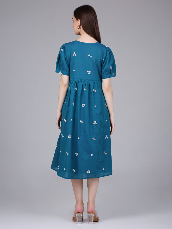 Teal Woven Design Cotton Midi Dress