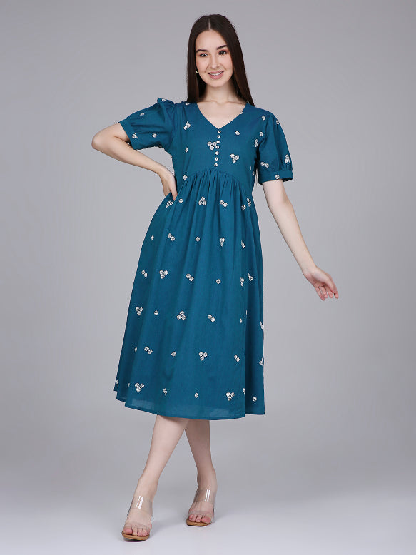 Teal Cotton Midi Dress With Embroidery – Saffron Threads