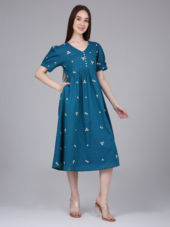 Teal Woven Design Cotton Midi Dress