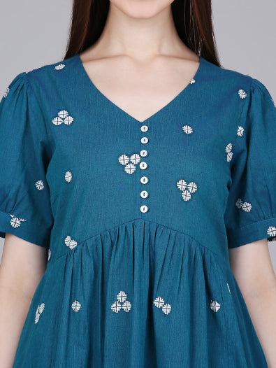 Teal Woven Design Cotton Midi Dress