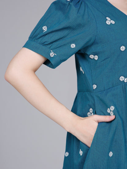 Teal Woven Design Cotton Midi Dress