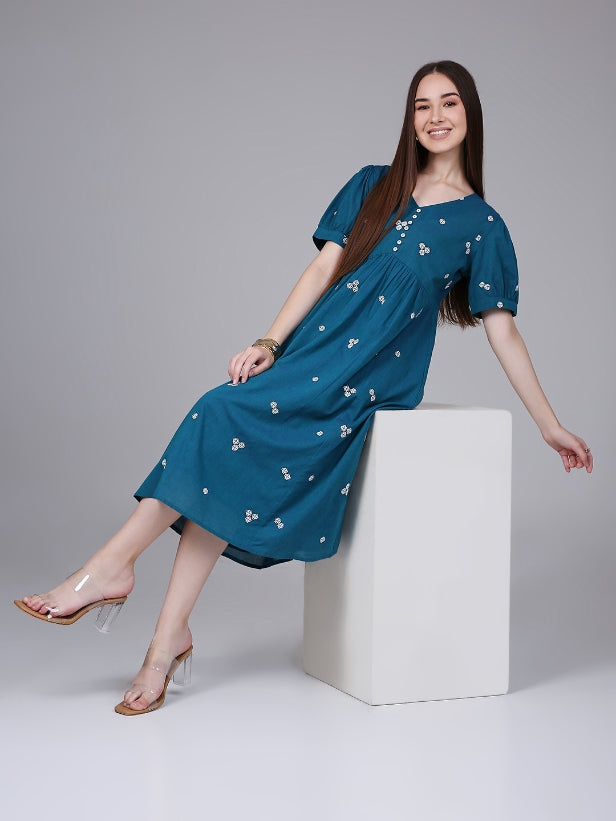 Teal Woven Design Cotton Midi Dress