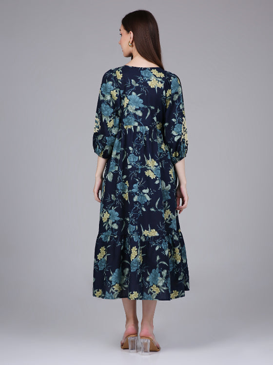 Navy Blue Neck Embroidery Cotton Dress with Floral Print