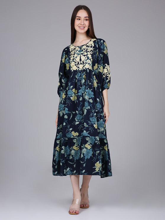 Navy Blue Neck Embroidery Cotton Dress with Floral Print