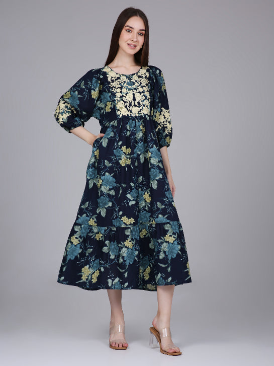 Navy Blue Neck Embroidery Cotton Dress with Floral Print