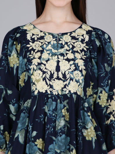 Navy Blue Neck Embroidery Cotton Dress with Floral Print