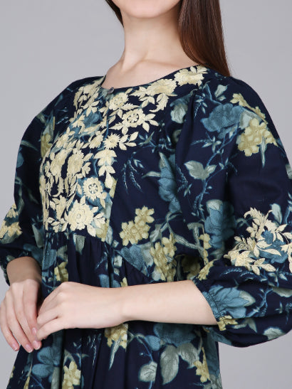 Navy Blue Neck Embroidery Cotton Dress with Floral Print