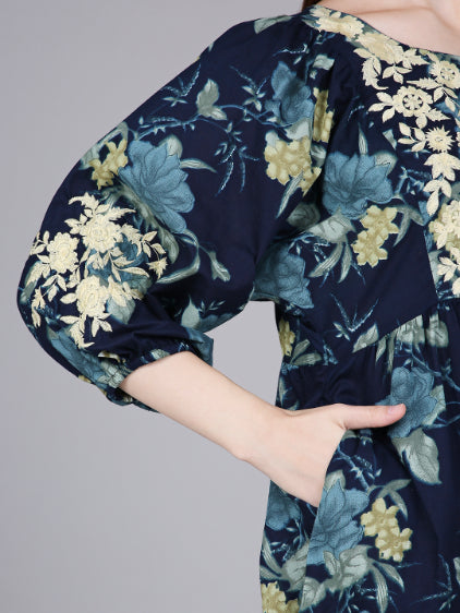 Navy Blue Neck Embroidery Cotton Dress with Floral Print