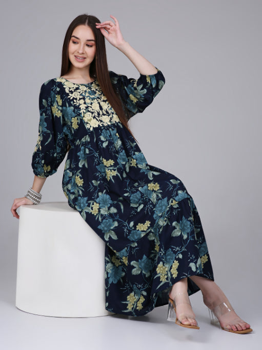 Navy Blue Neck Embroidery Cotton Dress with Floral Print