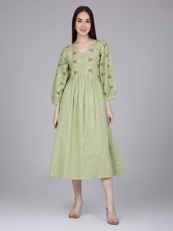 Green Cotton Boho Dress with Floral Embroidery Saffron Threads Green Cotton Boho Dress with Floral Embroidery Saffron Threads