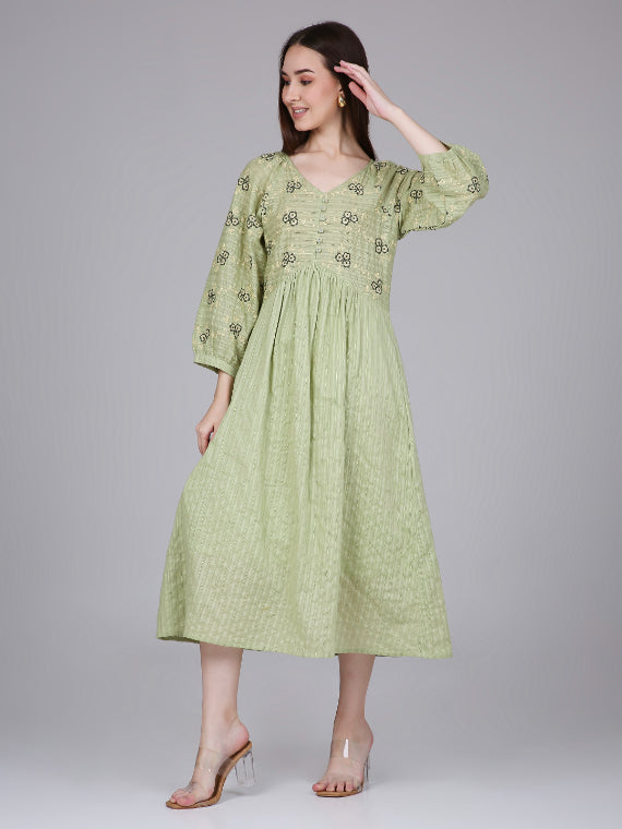 Green Cotton Boho Dress with Floral Embroidery Saffron Threads Green Cotton Boho Dress with Floral Embroidery Saffron Threads