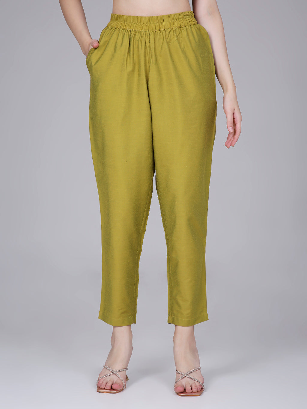Green Cotton Straight Fit Slip-on Trouser