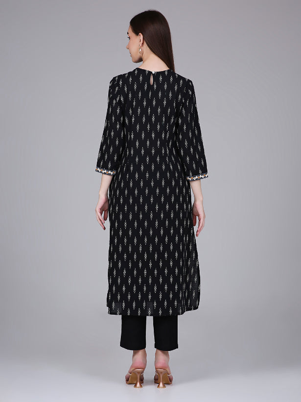 Black Ikat Print Cotton Kurta with Neck Embroidery